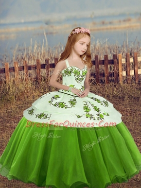 Sleeveless Organza Floor Length Lace Up Little Girl Pageant Dress in Green with Embroidery