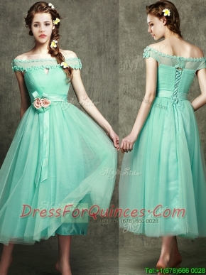 Romantic Off the Shoulder Cap Sleeves Prom Dresses with Appliques and Hand Made Flowers