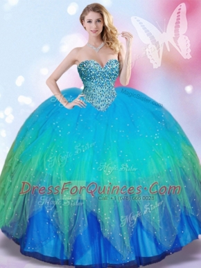 Multi-color Tulle Lace Up Quinceanera Dress Sleeveless Beading