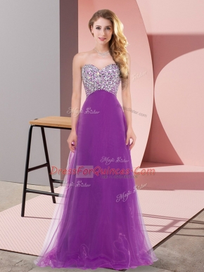 Luxurious Purple Empire Sweetheart Sleeveless Tulle Floor Length Lace Up Beading Prom Gown