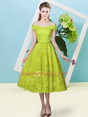 Decent Olive Green Lace Up Quinceanera Dama Dress Bowknot Cap Sleeves Tea Length