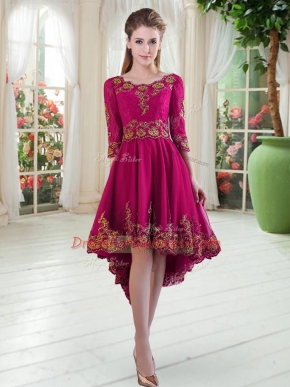 High Low Lace Up Prom Dress Fuchsia for Prom and Party with Embroidery