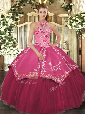 High Class Halter Top Sleeveless Quince Ball Gowns Floor Length Beading and Embroidery Coral Red Satin and Tulle