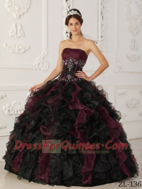 Strapless Burgundy and Black Taffeta and Organza Ball Gown Beadings Embroidery Best Quinceanera Dresses