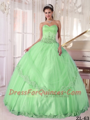 Sweetheart Ball Gown Apple Green Beadings Taffeta and Tulle Appliques Spring Quinceannera Dresses 2014