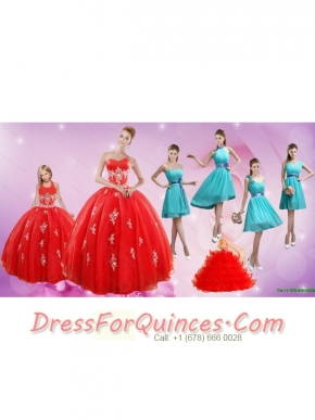 2015 Elegant Appliques Red Quinceanera Dress and Turquoise Short Dama Dresses and Halter Top Ball Gown Little Girl Dress