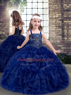Best Blue Ball Gowns Organza Straps Sleeveless Beading and Ruffles Floor Length Lace Up Girls Pageant Dresses