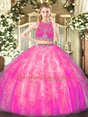 Latest Two Pieces Quinceanera Gown Fuchsia Scoop Tulle Sleeveless Floor Length Zipper