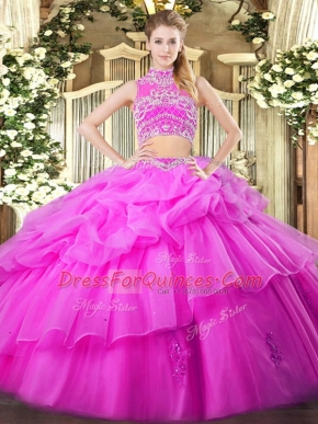 Sleeveless Floor Length Beading and Ruffles and Pick Ups Backless 15 Quinceanera Dress with Lilac
