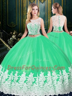 Dynamic Scoop Floor Length Two Pieces Sleeveless Apple Green Quinceanera Dresses Zipper