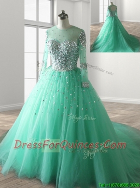 See Through Scoop Long Sleeves Beading Sweet 16 Dress with Brush Train