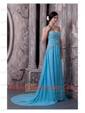 Prom Dress Aqua Blue Empire Sweetheart Court Train Chiffon Beading