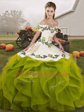 Olive Green Off The Shoulder Lace Up Embroidery and Ruffles Sweet 16 Quinceanera Dress Sleeveless