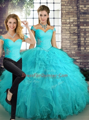 Aqua Blue Quince Ball Gowns Military Ball and Sweet 16 and Quinceanera with Beading and Ruffles Off The Shoulder Sleeveless Lace Up
