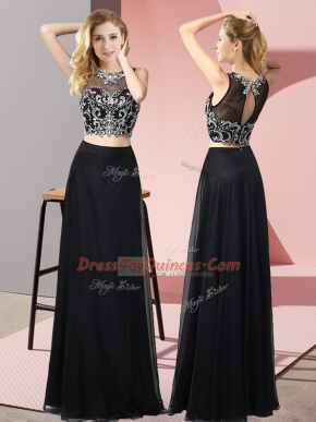 Fine Black Chiffon Backless Scoop Sleeveless Floor Length Evening Dress Beading