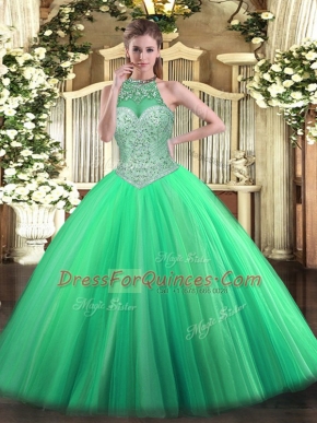Sleeveless Tulle Floor Length Lace Up Quinceanera Dresses in Green with Beading