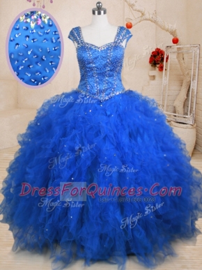 Discount Blue Straps Lace Up Beading and Ruffles 15 Quinceanera Dress Cap Sleeves