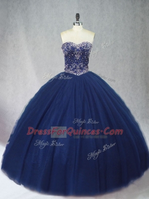 Floor Length Ball Gowns Sleeveless Navy Blue Quinceanera Gown Lace Up