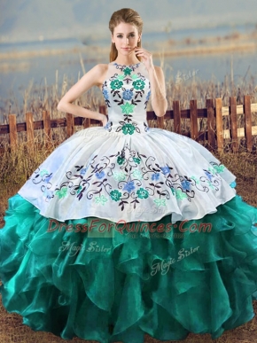 Turquoise Halter Top Neckline Embroidery and Ruffles Sweet 16 Quinceanera Dress Sleeveless Lace Up