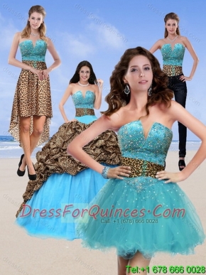 2015 Classical Leopard Print Baby Blue Quinceanera Dresses with Brush Train and Beading