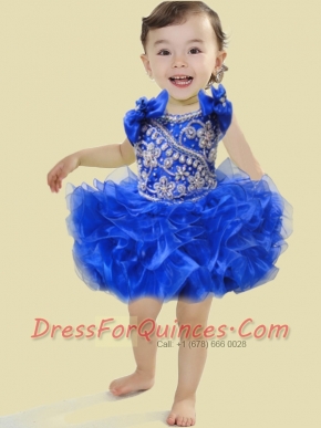 Cute Ball Gown Scoop Mini-length Beading Bowknot Royal Blue Little Girl Dress