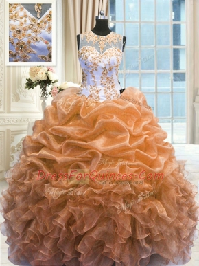 Orange Quinceanera Gown Military Ball and Sweet 16 and Quinceanera and For with Beading and Ruffles Scoop Sleeveless Zipper