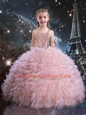 Perfect Pink Ball Gowns Organza Straps Short Sleeves Beading and Ruffles Floor Length Lace Up Little Girls Pageant Gowns