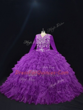 Custom Designed Organza Long Sleeves Floor Length Quinceanera Dresses and Beading and Ruffled Layers