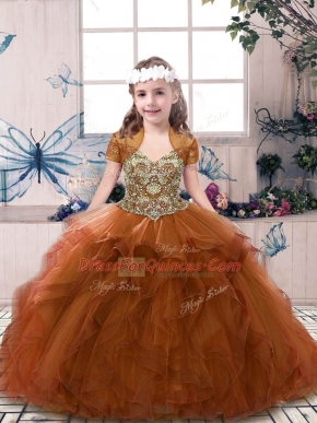 Lovely Beading and Ruffles Child Pageant Dress Rust Red Lace Up Sleeveless Floor Length