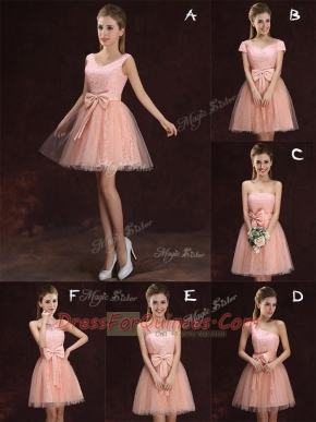 Sleeveless Mini Length Lace and Bowknot Lace Up Quinceanera Dama Dress with Peach