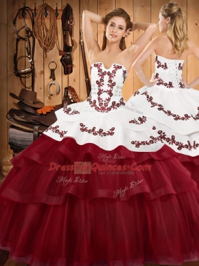 Tulle Strapless Sleeveless Sweep Train Lace Up Embroidery and Ruffled Layers Sweet 16 Dresses in Wine Red