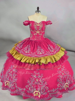 Delicate Hot Pink Ball Gowns Off The Shoulder Sleeveless Satin Floor Length Lace Up Embroidery Quinceanera Gown
