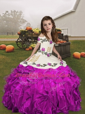 Enchanting V-neck Sleeveless Pageant Gowns For Girls Floor Length Embroidery and Ruffles Fuchsia Organza