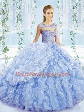 Dramatic Blue Sleeveless Organza Brush Train Lace Up 15th Birthday Dress for Sweet 16 and Quinceanera