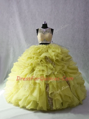 Organza and Sequined Scoop Sleeveless Brush Train Zipper Beading and Ruffles Quinceanera Gown in Yellow Green
