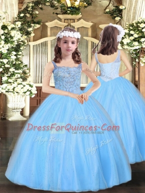 Hot Sale Baby Blue Tulle Lace Up Straps Sleeveless Floor Length Little Girl Pageant Gowns Beading