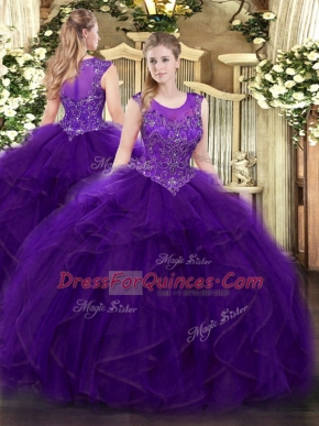 Traditional Purple Scoop Zipper Beading and Ruffles Quinceanera Gown Sleeveless