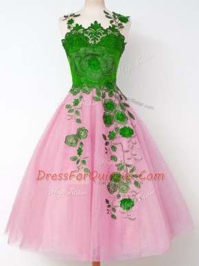 Rose Pink Lace Up Dama Dress for Quinceanera Appliques Long Sleeves Knee Length