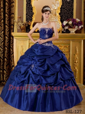 Strapless Navy Blue Ball Gown Beading Appliques Taffeta Dark Blue Best Quinceanera Dresses