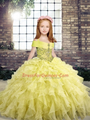 Organza Straps Sleeveless Lace Up Beading and Ruffles Kids Formal Wear in Yellow