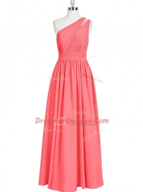 New Style Red Chiffon Zipper One Shoulder Sleeveless Floor Length Evening Dress Ruching