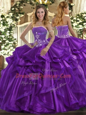Purple Strapless Neckline Beading and Ruffles Sweet 16 Dresses Sleeveless Lace Up