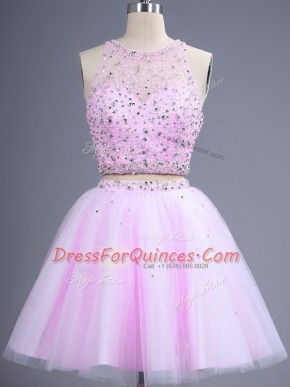 Customized Tulle Sleeveless Knee Length Quinceanera Court of Honor Dress and Beading