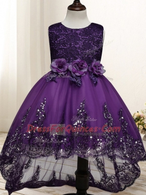 High Low Zipper Kids Formal Wear Dark Purple for Wedding Party with Lace and Appliques and Bowknot and Hand Made Flower