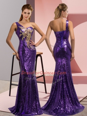 Extravagant One Shoulder Sleeveless Sweep Train Beading and Appliques Purple Sequined