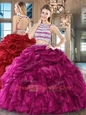 New Style Fuchsia Organza Backless Scoop Sleeveless Floor Length 15 Quinceanera Dress Beading and Ruffles and Pick Ups