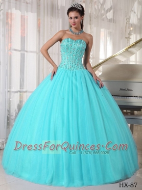 2014 Sweetheart Aqua Blue  Floor-length Ball Gown  Tulle Beading Discount Quinceanera Dresses