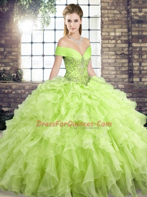 Yellow Green Lace Up Off The Shoulder Beading and Ruffles Quinceanera Gowns Organza Sleeveless Brush Train
