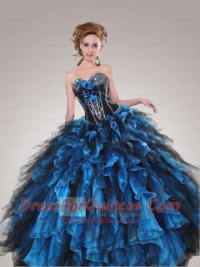 2015 Sweetheart Beading and Ruffles Quinceanera Dresses in Black and Blue