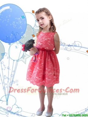 New Style Scoop Sashes and Lace Mini Quinceanera Dress in Coral Red